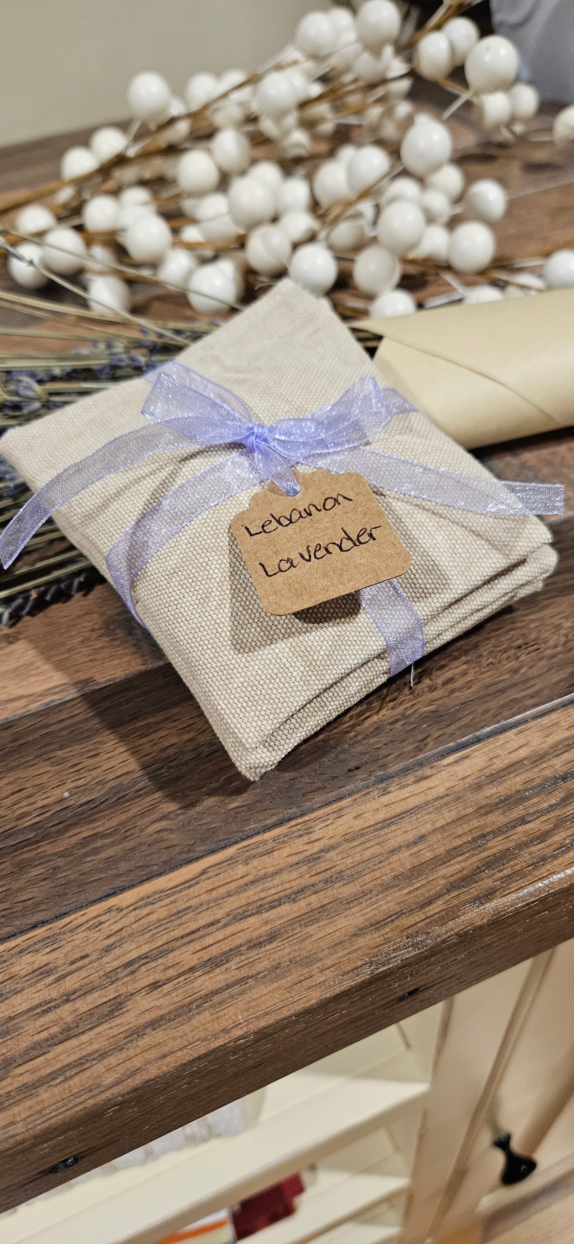 Lebanon Lavender dryer sachet in natural linen pouch tied with lavender ribbon and kraft tag