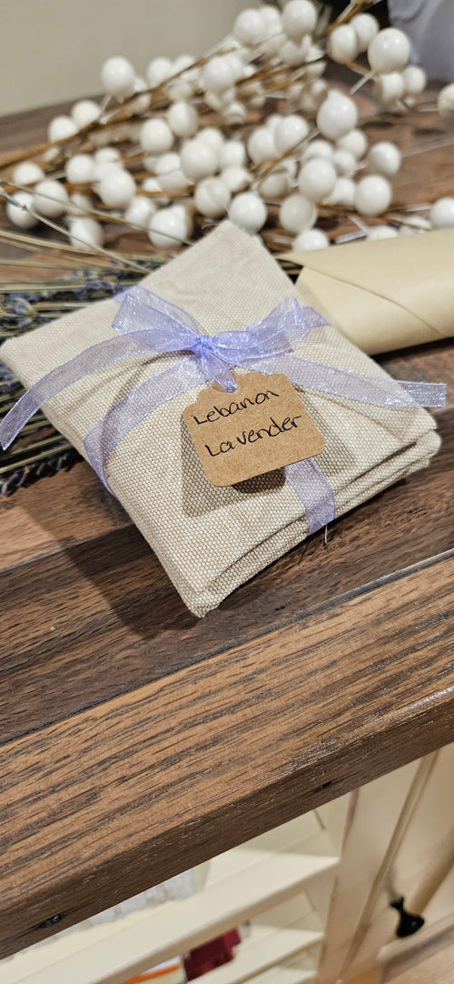 Lebanon Lavender dryer sachet in natural linen pouch tied with lavender ribbon and kraft tag