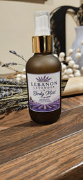 Lebanon Lavender Body Mist in frosted amber glass bottle with gold pump top